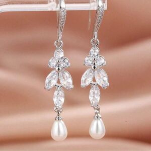 Wedding Bridal Occasion Diamond Pearl Drop Earrings